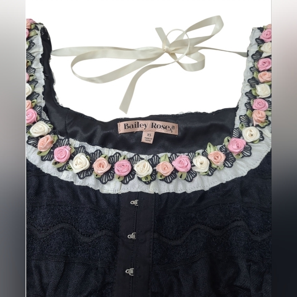 Bailey Rose Rose Neckline Ribbon Tie Back Lace Mini Dress Black Size XS - Picture 2 of 14